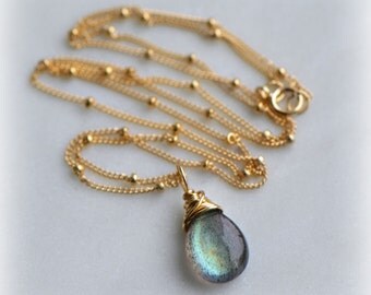 Gold Green Labradorite Necklace, Green Labradorite Pendant in Gold, Green Labradorite Charm Necklace, Handmade, Gift for Her by Blissaria