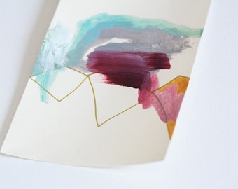 Small Abstract Painting on Paper with Mauve and Gold