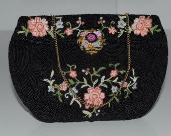 Petit Sac à Main Vintage Noir Avec Broderie Perles Et Décor Floral - Occasion TBE