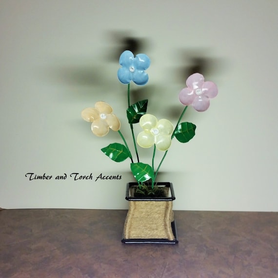 Metal flowers with vase Table decor Metal by TimberandTorchAccent