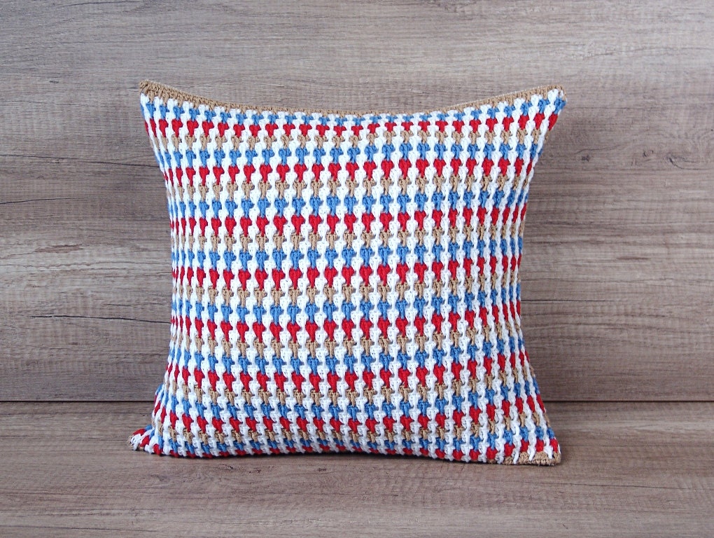 Fancy crochet pillow sham striped white taupe red navy blue