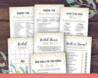 Bridal Shower Games Printable, Package, Wedding Shower Games, Instant Download, Bingo, Movie Quotes Match, Gold Glitter, Whats on your phone