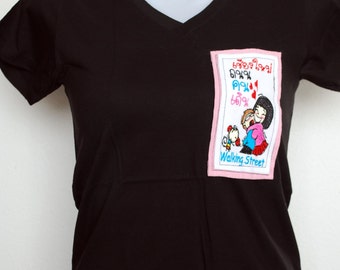 Ladies HANDMADE 100% Cotton Chaing Mai Walking Street T-Shirt in Black