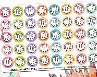40 Colorful Volleyball Stickers | Volleyball Planner Stickers with Pink Heart | Round Circle Stickers | Fits Erin Condren and Other Planners