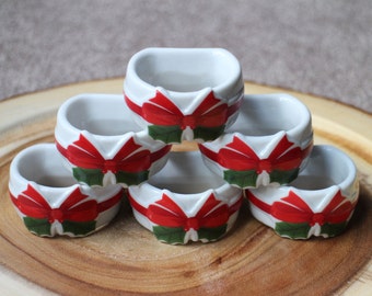 Christmas Ribbon & Holly Napkin Rings, Christmas Napkin Rings, Set of 6 Porcelain Napkin Rings in Box, Vintage 1986 Napkin Rings, Japan
