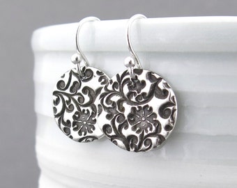 Sterling Silver Earrings Silver Flower Earrings Floral Jewelry Small Silver Drop Earrings Holiday Gift for Her Handmade Jewelry