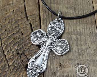 Spoon Cross Necklace - Inspired by Antique Victorian Silverware - Doctorgus Handmade Pewter Creations - Steampunk Boho Style Cross Pendant