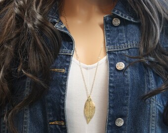 Real Evergreen Leaf, Real Gold Leaf, Evergreen Leaf Necklace, Evergreen Leaf, Gold Filled, Layered, Long NecklaceLC125