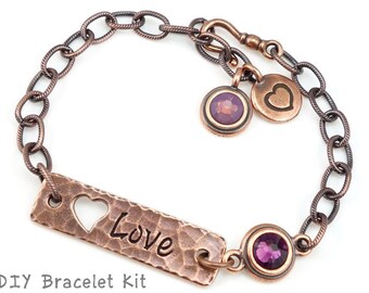 Antique Copper Bracelet Kit DIY Jewelry Do It Yourself Copper Jewelry Project Valentine's Gift Heart Love Chain Bracelet Purple Jewelry