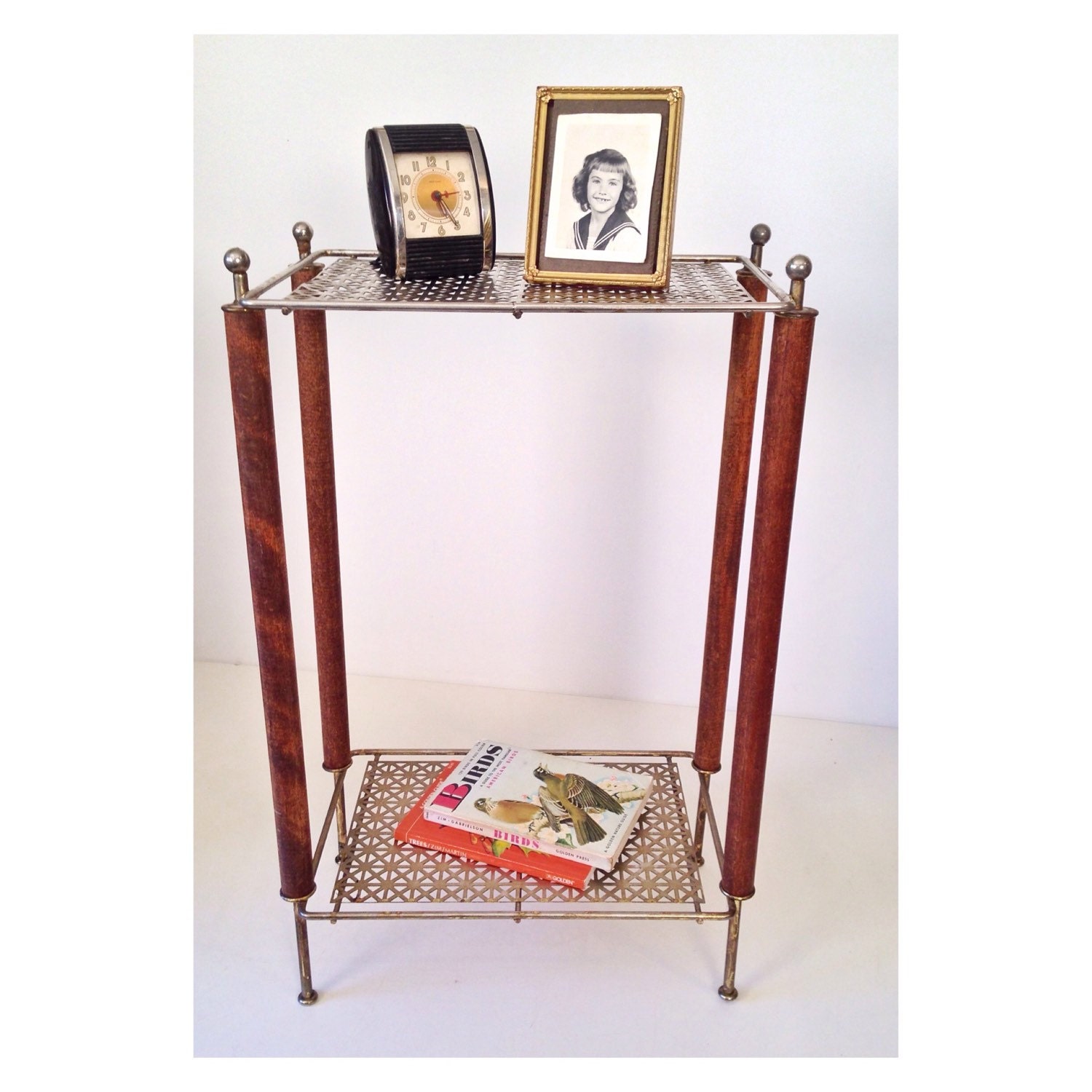 vintage end table mid century two level metal teak side table plant