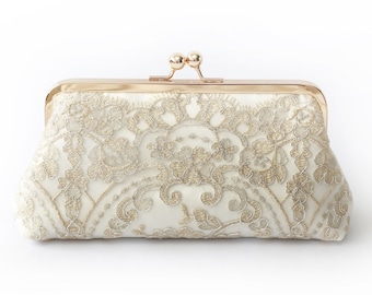 Metallic silver and gold Alencon Lace Bridal Clutch in Ivory 8-inches