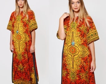 Vintage 70s Caftan Orange Printed Hippie Maxi Dress TIBETAN Caftan MANDALA Print Boho Dress