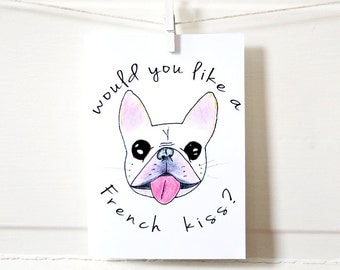 French Kiss French Bulldog Card - Funny French Bulldog Card - Frenchie Valentine Card - French Bulldog Valentine - Funny Valentine