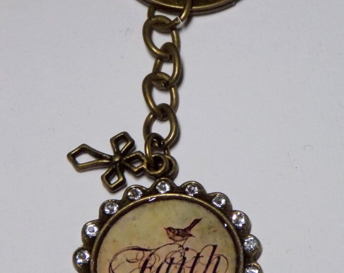 Faith Key Chain Keychain Vintage Rhinestone Faith Cross Religious Spiritual Hope Faith Key Ring Rhinestone Keychain Vintage Bird