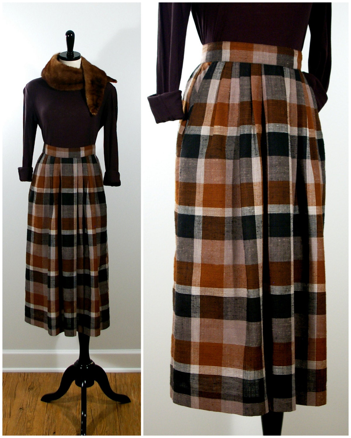 Brown Plaid Skirt Vintage 80s Lesley Brook Pleated Winter