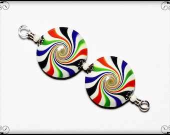 Halloween Candy... Handmade Polymer Clay Beads Bead Set Black Orange Lime Green Purple White Silver Bead Caps Swirl Spiral Earring Pair