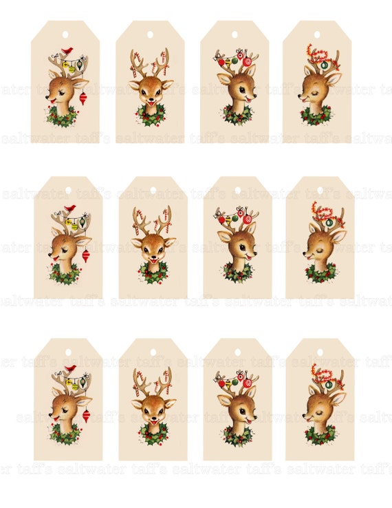 Reindeer Christmas Tags DIY Digital Download vintage printable