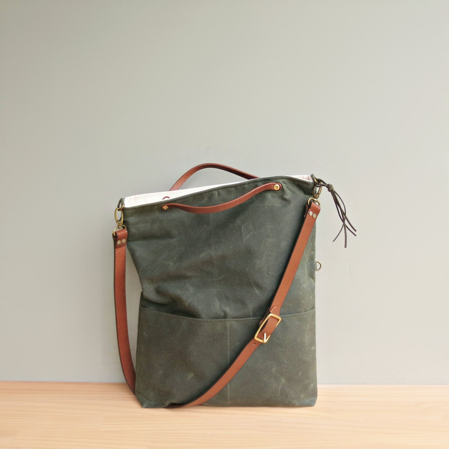 Convertible Waxed Canvas Tote with Leather Strap in Avocado
