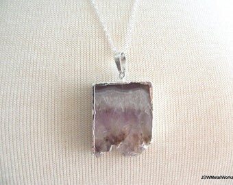 Amethyst Druzy Slab Necklace, Sterling Silver Necklace, Drusy Pendant, Druzy Jewelry