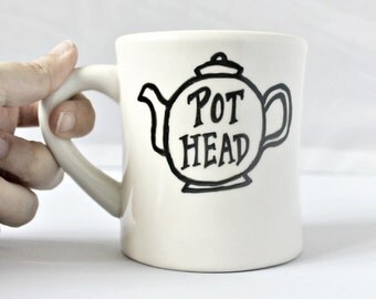Funny Mug, tea mug, tea cup, diner mug, black white, hand painted, tea pot, pot head, ceramic mug, unique mug, gag gift, novelty mug