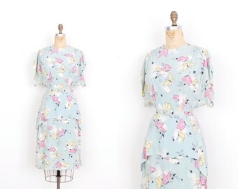 Vintage 1940s Dress / 40s Butterfly Print Rayon Dress / Light Blue (medium M)