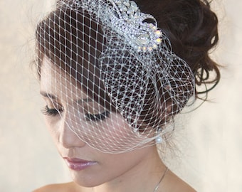 Wedding Birdcage Veil with Crystal rhinestone brooch VI0101 - ready to ship
