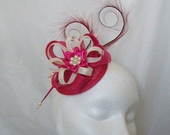 Cerise Fuchsia Pink and Ivory Pheasant Curl Feather Sinamay & Pearl Fascinator Mini Hat - 'Custom Made To Order' for a Wedding or the Derby