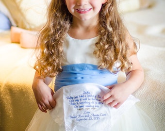 Embroidered Wedding Hankerchief, FLOWER GIRL GIFT, Handkerchief, FlowerGirl, Wedding Keepsake for your Flower Girl, By Canyon Embroidery