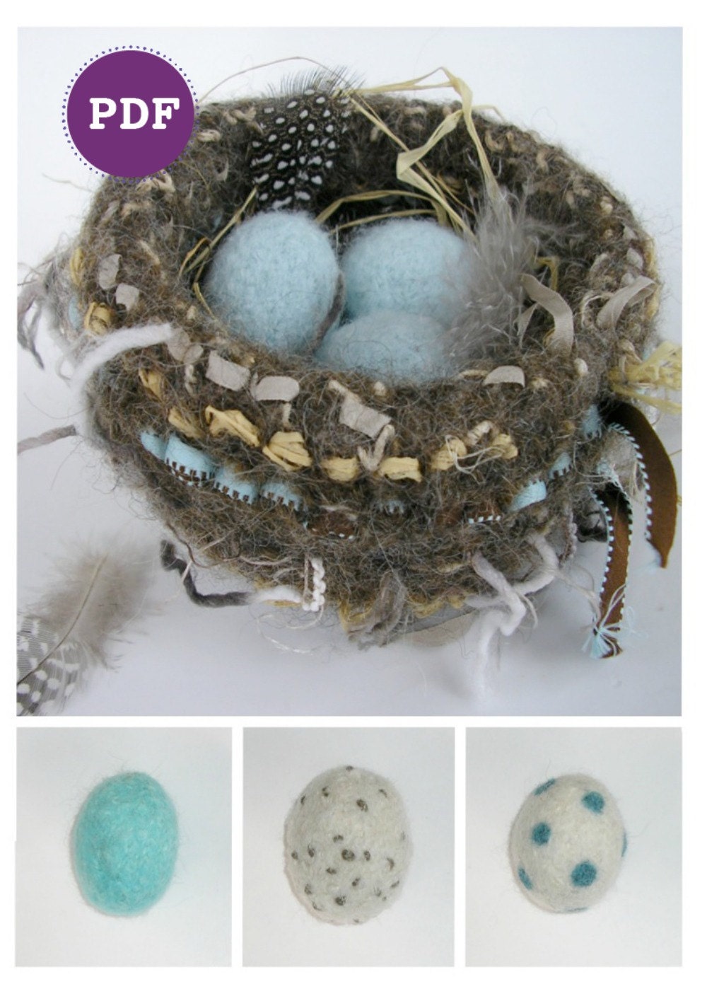 PDFPATTERN. A Knit & Felt Wool Bird Nest and Eggs