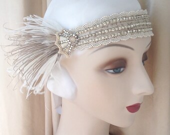 1920s headdress edwardian headband rhinestone web headpiece art nouveau with ivory and brown feathers-Natalia-made to order