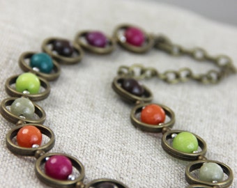 Jewel Tone Palette Necklace - Colorful Stone Pink Purple Orange Green Teal Brown Antique Silver Necklace Rainbow Statement