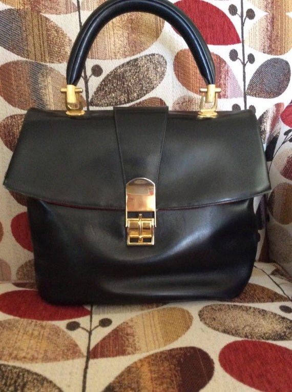 Vintage 1940s 1950s Purse Handbag Black Genuine Leather Gold