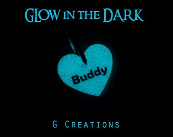 GLOW in the DARK Mini Pet ID Tag - 1" Heart Dog and Cat Charm - Small Cute Personalized Dog Id Pet Tag - Handmade Tiny Pet Collar Accessory