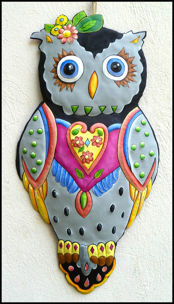 Painted Metal Art Grey Owl Metal Wall Hanging Whimsical