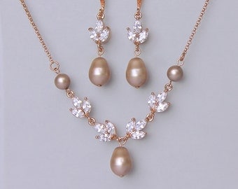Champagne Blush Jewelry Set, Rose Gold Jewelry set, Pink Gold Bridal Set, Blush Pearl Earrings & Necklace set, HAYLEY RGAP