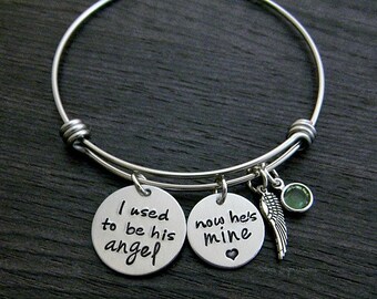 Wire Bangle / I used to be his angel now he's mine / In memory of Dad / Personalized / Memorial Jewelry / Hand Stamped / Remembrance