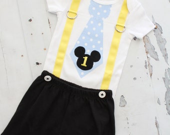 Personalized BABY Mickey Mouse Birthday Tie and Suspender One Piece Bodysuit. Baby Boy First 1st Birthday Party Outfit Disney Style Clothing