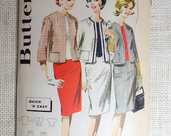 Vintage Pattern 1960s Butterick 2607 Sewing Two piece dress suit Stewardess First Lady Jackie Kennedy Bust 38 jacket shell pillbox