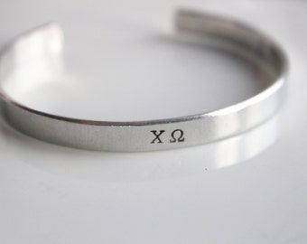 Chi Omega Letters bracelet / Hand Stamped Aluminium Bracelet with Chi O Greek Letters / Sorority Letters Bracelet Greek Licensed