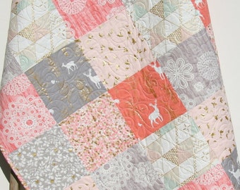 Rustic Baby Quilt, Girl Crib Bedding, Deer Blanket, Gold Shimmer, Coral Pink Grey Gray, Nursery Decor, Brambleberry, Woodland