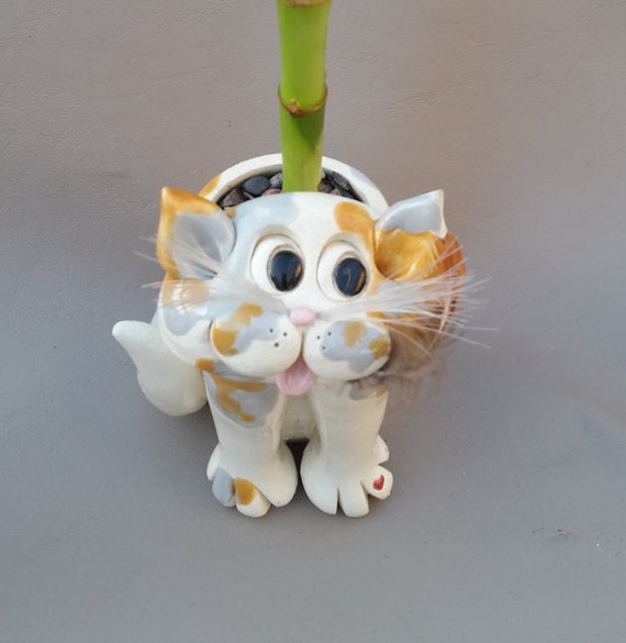 Muted calico pencil holder sculpture Clay kitty hand by Pencepets