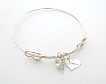 Personalized Bracelet - Memorial Bracelet - Mother of an Angle - Silver WIng Bracelet - Personalized Jewelry - Personalized Bangle - Womens