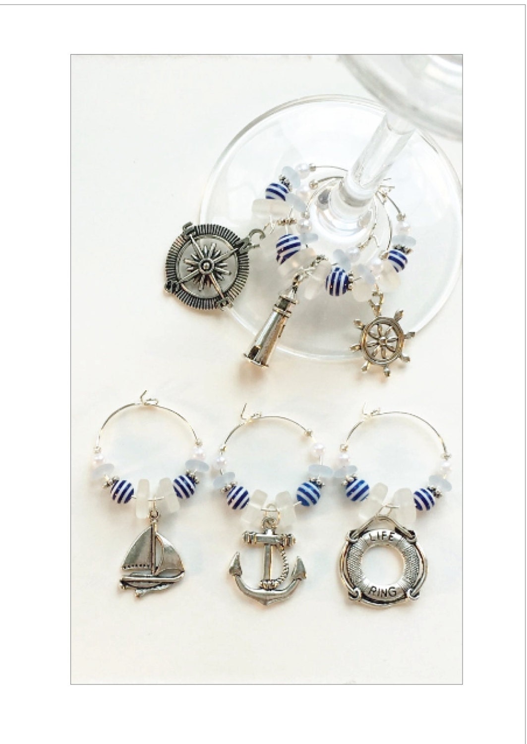 6 Nautical Wine Glass Charms Wine Glass by ThePaintedPearlSRQ