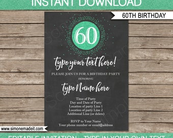 60th Birthday Invitation Template - Chalkboard & Green Glitter - INSTANT DOWNLOAD with EDITABLE text - you personalize at home