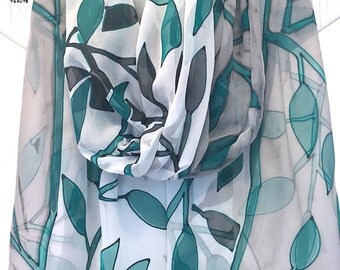 Hand Painted Silk Shawl, Spring Chiffon Scarf, Scarf for Wife, Emerald Green and Black Woodcut Leaves, Takuyo, 22x90 inches