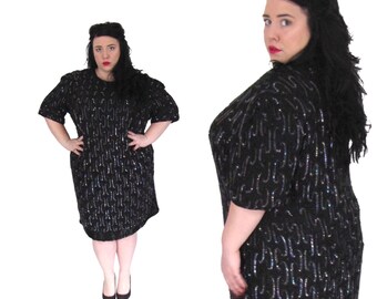Plus Size 1980's Dess l Black Beaded Silk Dress l Size 2X/3X l Vintage Dress