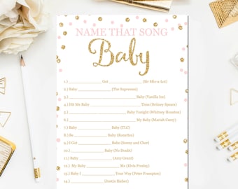 Pink and Gold Baby Shower Games, Name That Song Game, Baby Songs Game. Glitter Confetti Blush Pink Baby Shower Games Printable Download BB1