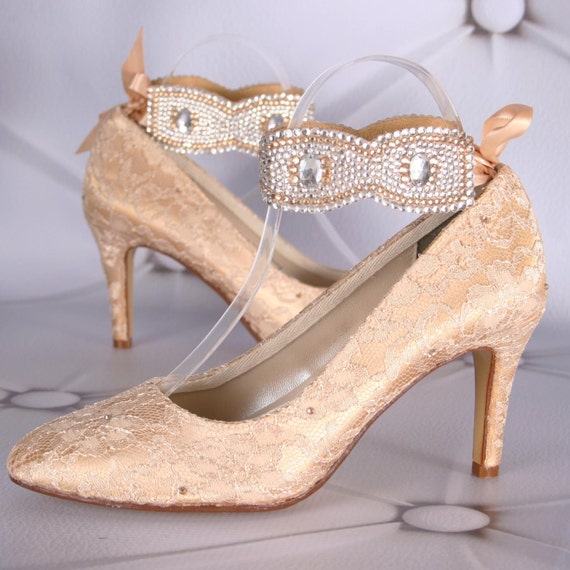 Gold Lace Wedding Shoes / Closed Toe Wedding Shoes / Silver