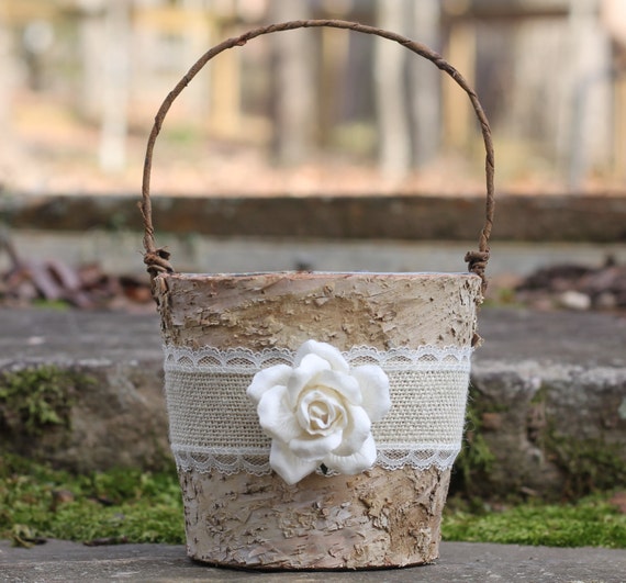 Birch Bark Rustic Flower Girl Basket Burlap Lace and A Paper
