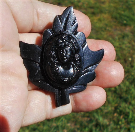 Bog Oak CAMEO, Antique Victorian Edwardian Hand Carved BOG OAK w/ Grapes Grape Leaf, Much Hair Cameo Brooch 150+ Yrs. Pendant Adapter Avail.